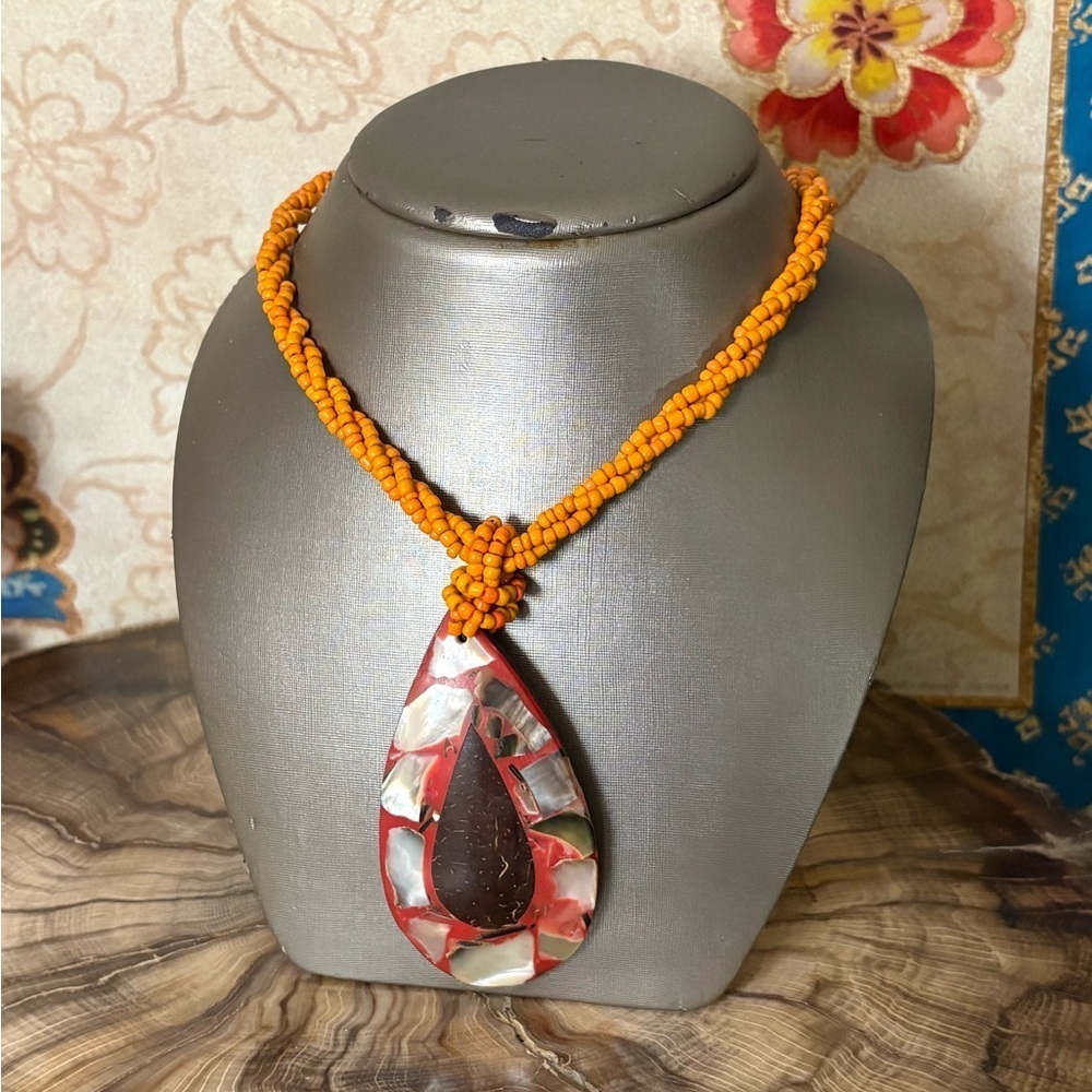 Handmade Coral and Abalone Inlay Beaded Coconut Shell Necklace
